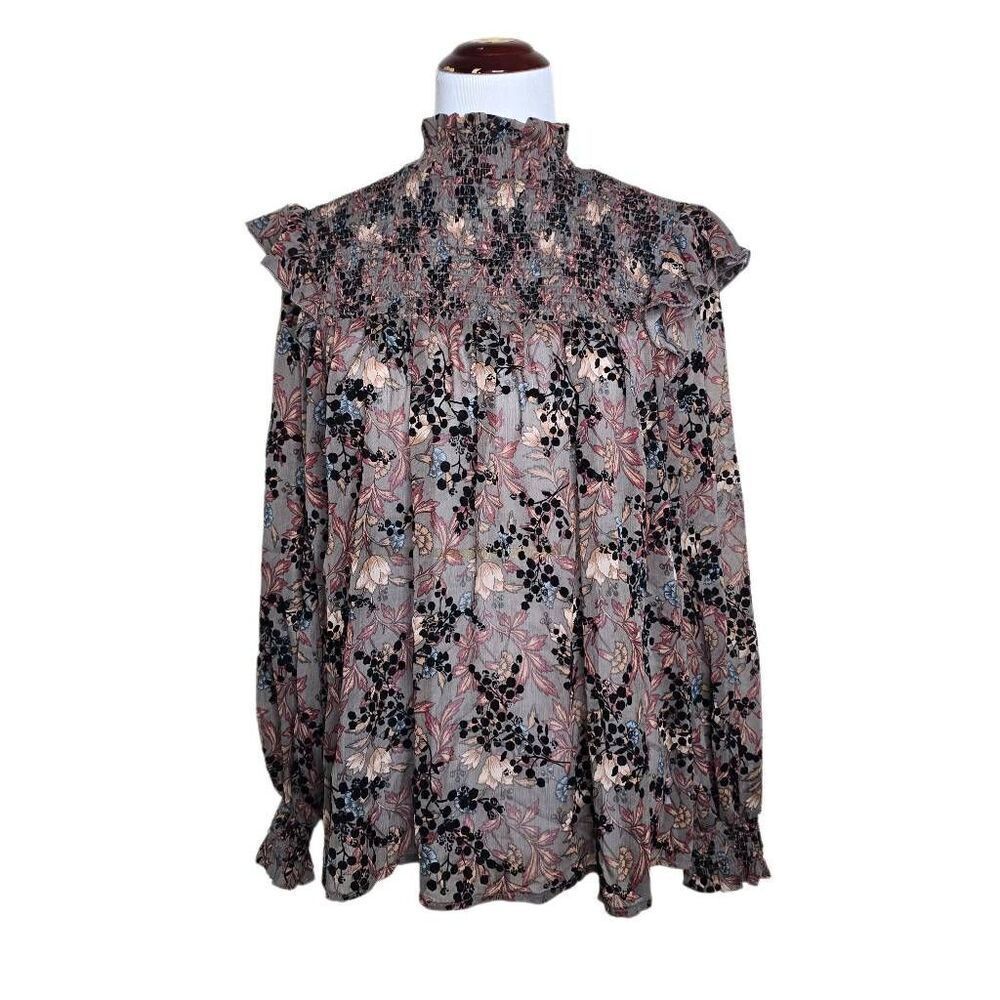 Knox Rose Floral Smocked Mock Neck Ruffle Blouse Top Large
